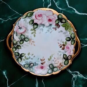 Limoges Style Hand Painted Roses Porcelain Cake Plate Gold Handles 11in Vintage